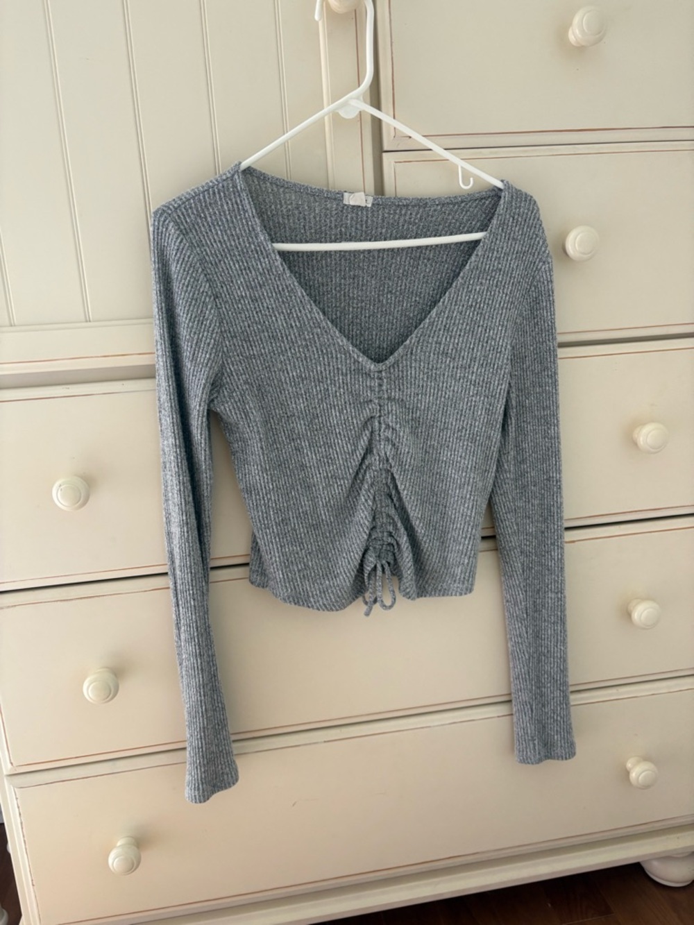 Garage Gray Ribbed V-Neck Long Sleeve with Front Drawstring
